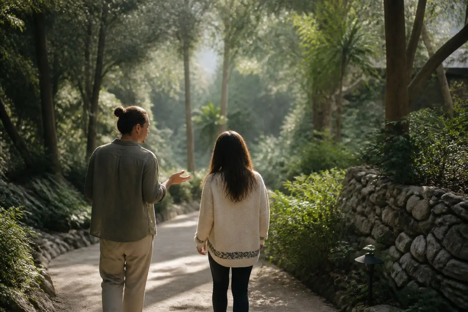 A guide and guest walking together through a quiet forest retreat path.