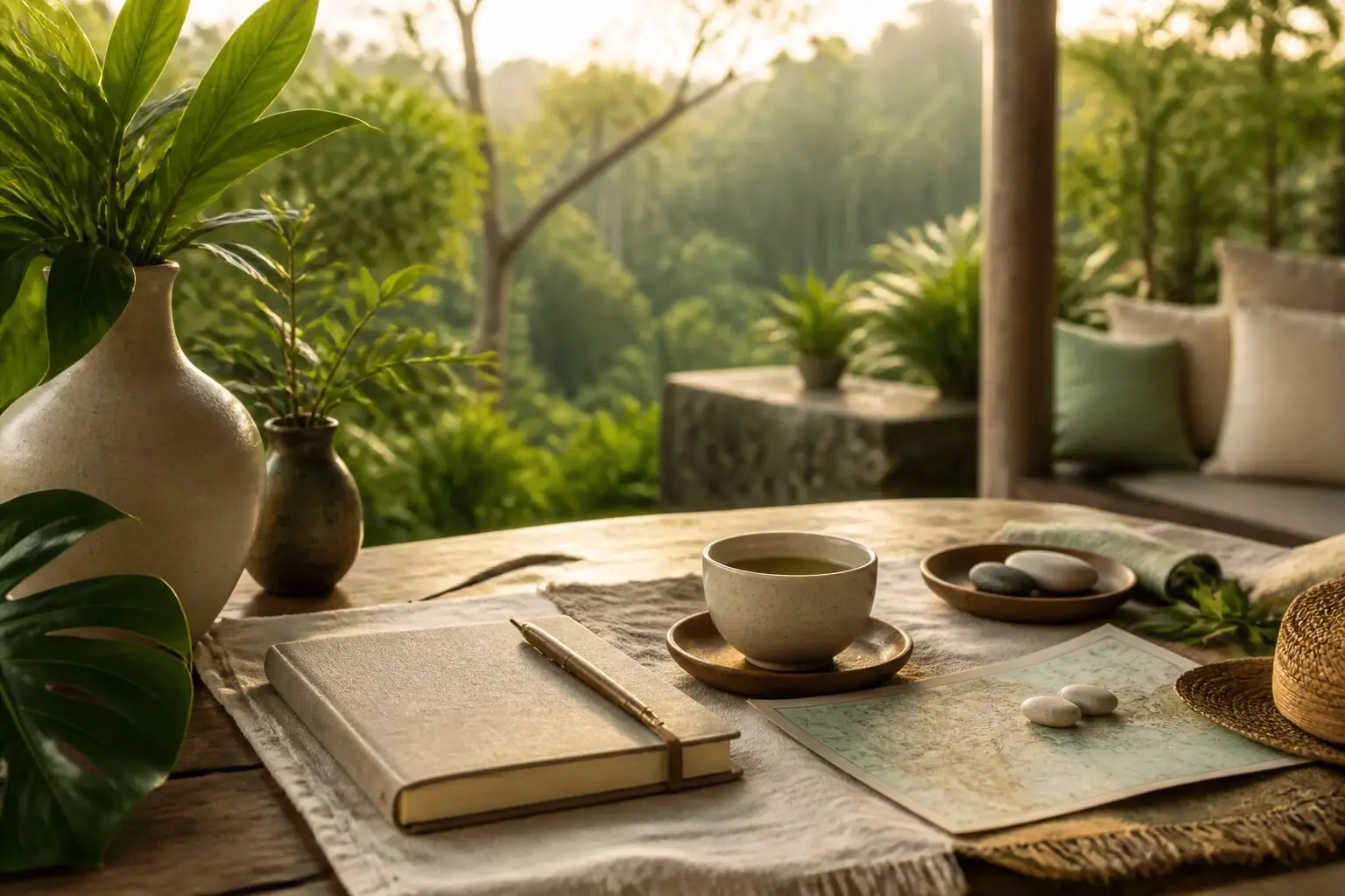 A calm retreat planning table with tea, journal, and natural greenery.