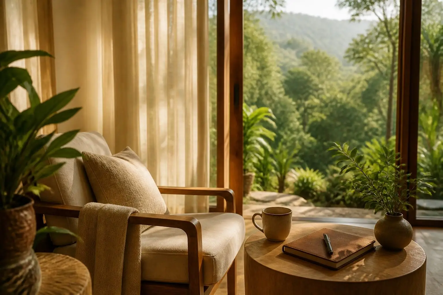 A warm retreat room prepared for rest, reflection, and integration.